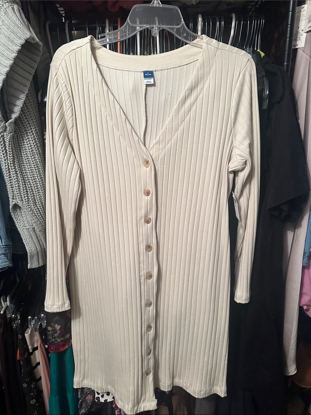 Old Navy Cream Ribbed Long Sleeve Button-Front Dress